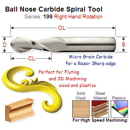 19.05mm Right Hand BallNose Spiral for Fluting and 3D Machining 199.511.11