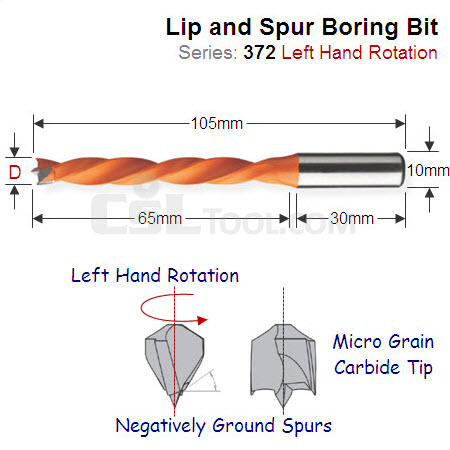 10mm Left Hand Long Reach Lip and Spur Boring Bit 372.100.12