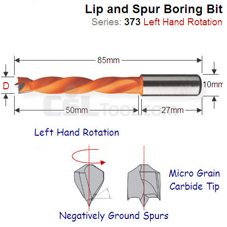12mm Left Hand Long Reach Lip and Spur Boring Bit 373.120.12