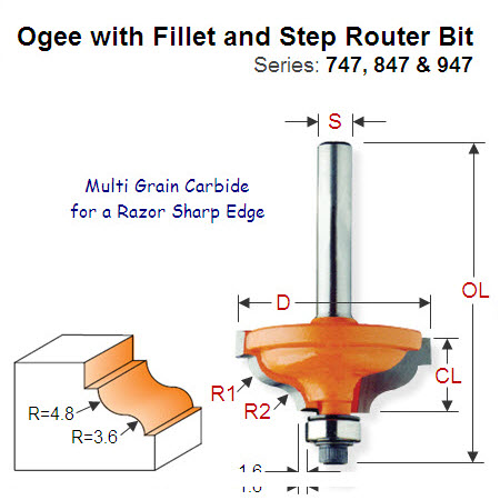 Multi Radius (4.8-3.6mm) Premium Quality Ogee with Fillet and Step Bit 847.825.11