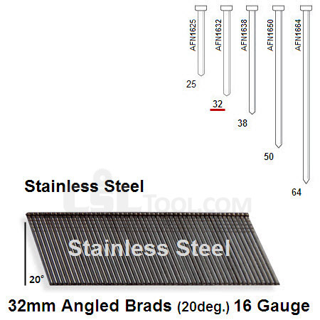 Box of 2000 16 Gauge Angled Stainless Steel Brads (20 degree) 32mm Long