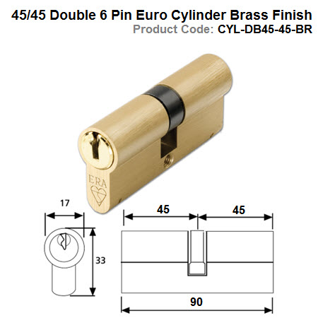45/45 Double 6 Pin Euro Cylinder Brass Finish