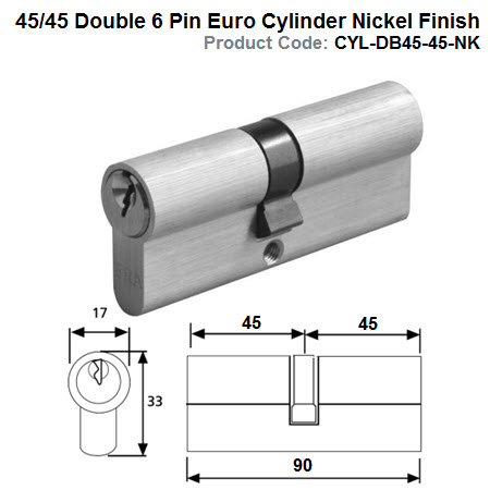 45/45 Double 6 Pin Euro Cylinder Nickel Finish