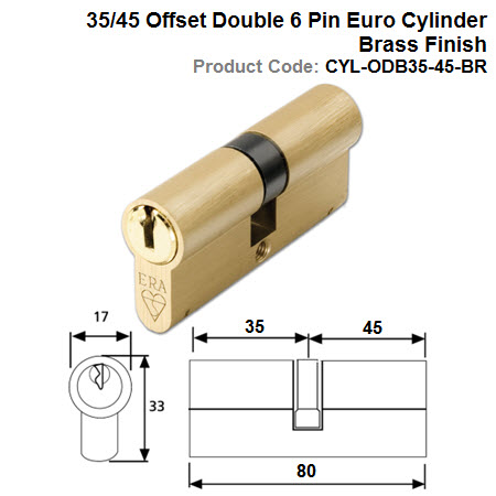 35/45 Offset Double 6 Pin Euro Cylinder Brass Finish