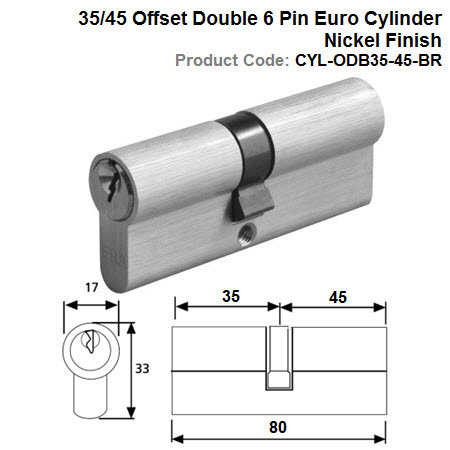 35/45 Offset Double 6 Pin Euro Cylinder Nickel Finish