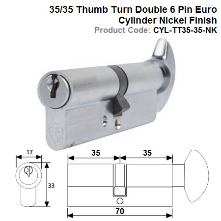 35/35 Thumb Turn Double 6 Pin Euro Cylinder Nickel Finish