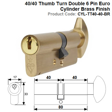 40/40 Thumb Turn Double 6 Pin Euro Cylinder Brass Finish