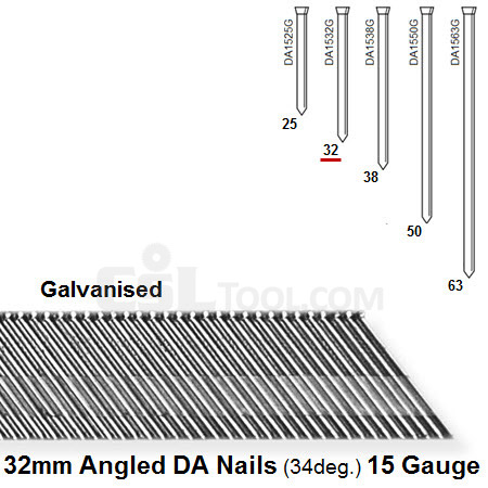 Box of 4000 15 Gauge Angled Galvanised DA Nails (34 degree) 32mm Long