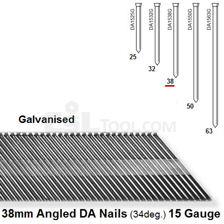Box of 4000 15 Gauge Angled Galvanised DA Nails (34 degree) 38mm Long