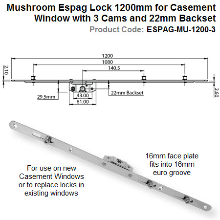 Mushroom Espag Lock 1200mm Long for Casement Window with 3 Cams and 22mm Backset