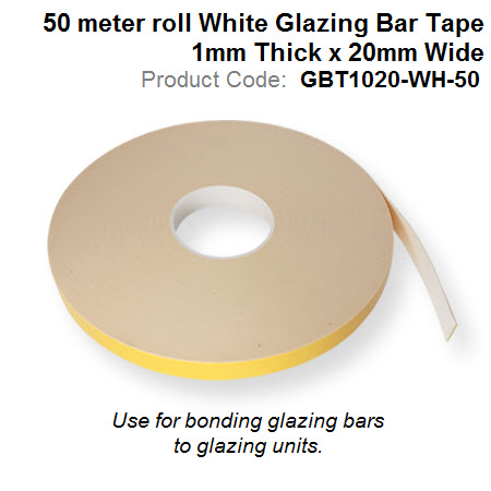 50 meter roll White Glazing Bar Tape 1mm Thick x 20mm Wide GBT1020-WH-50