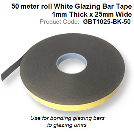 50 meter roll Black Glazing Bar Tape 1mm Thick x 25mm Wide GBT1025-BK-50