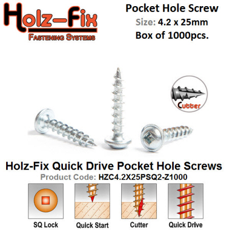 Holz-Fix high performance 4.2 x 25 Square Drive Pocket Hole Screw Box of 1000 Pcs.