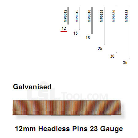 Box of 10000 23 Gauge Galvanised Headless Pins 12mm Long