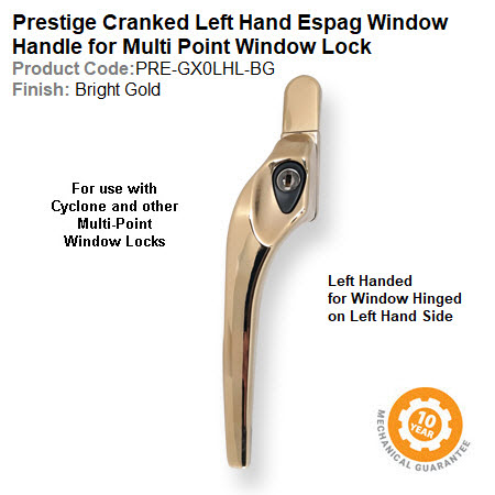 Prestige GX0 Cranked Window Espag Handle Left Hand Locking Bright Gold Finish