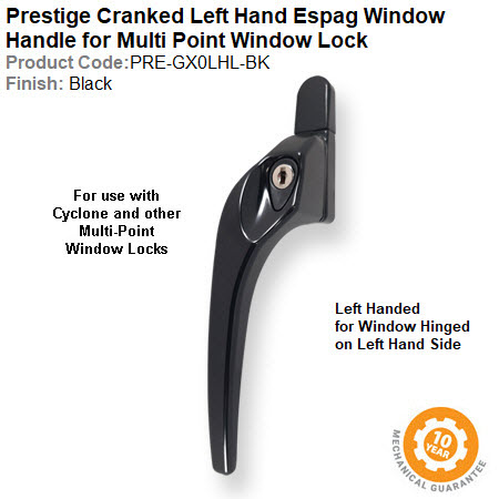 Prestige GX0 Cranked Window Espag Handle Left Hand Locking Black Finish