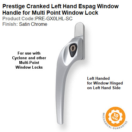 Prestige GX0 Cranked Window Espag Handle Left Hand Locking Satin Chrome Finish