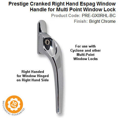 Prestige GX0 Cranked Window Espag Handle Right Hand Locking Bright Chrome Finish