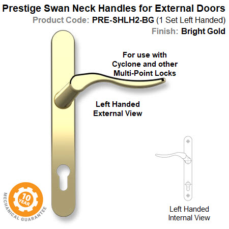 Prestige Swan Neck Left Hand Lever Handle Set for External Door Bright Gold Finish