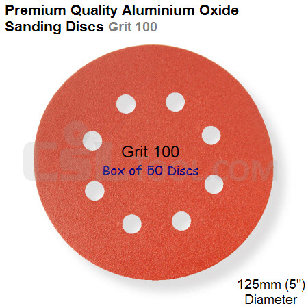 Box of 50 Velcro Backed 125mm Diameter 100 Grit 8 Hole Sanding Discs