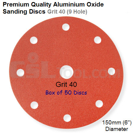 Box of 50 Velcro Backed 150mm Diameter 40 Grit 9 Hole Sanding Discs
