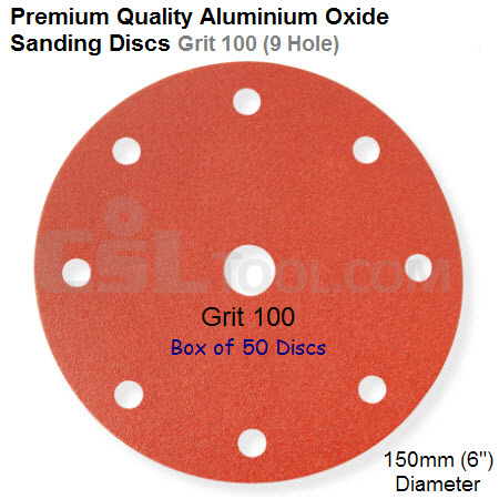 Box of 50 Velcro Backed 150mm Diameter 100 Grit 9 Hole Sanding Discs