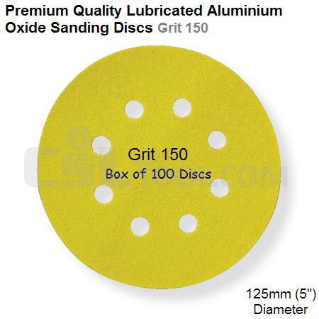 Box of 100 Velcro Backed 125mm Diameter 150 Grit Lubricated 8 Hole Sanding Discs