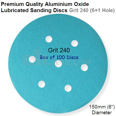 Box of 100 Velcro Backed 150mm Diameter 240 Grit Lubricated 6+1 Hole Sanding Discs