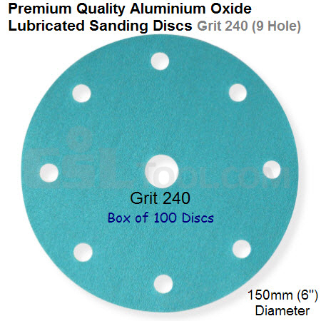 Box of 100 Velcro Backed 150mm Diameter 240 Grit Lubricated 9 Hole Sanding Discs