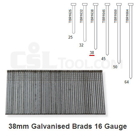 Box of 2000 16 Gauge Galvanised Brads 38mm Long