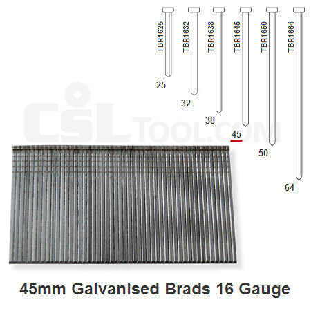 Box of 2000 16 Gauge Galvanised Brads 45mm Long