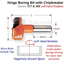 45mm Left Hand Hinge Boring Bit with Chip Breakers 317.450.12C