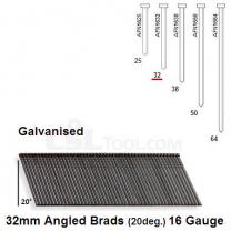 Box of 2000 16 Gauge Angled Galvanised Brads (20 degree) 32mm Long