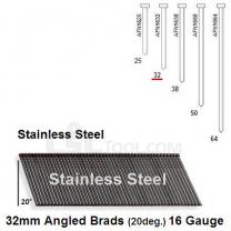 Box of 2000 16 Gauge Angled Stainless Steel Brads (20 degree) 32mm Long