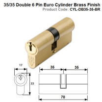 35/35 Double 6 Pin Euro Cylinder Brass Finish