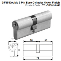 35/35 Double 6 Pin Euro Cylinder Nickel Finish