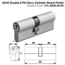 40/40 Double 6 Pin Euro Cylinder Nickel Finish