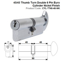 45/45 Thumb Turn Double 6 Pin Euro Cylinder Nickel Finish