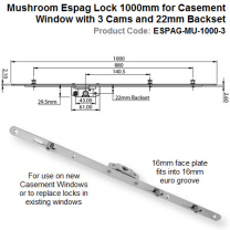 Mushroom Espag Lock 1000mm Long for Casement Window with 3 Cams and 22mm Backset