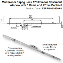 Mushroom Espag Lock 1200mm Long for Casement Window with 3 Cams and 22mm Backset