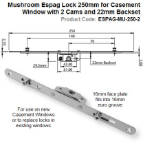Mushroom Espag Lock 250mm Long for Casement Window with 2 Cams and 22mm Backset