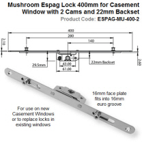 Mushroom Espag Lock 400mm Long for Casement Window with 2 Cams and 22mm Backset