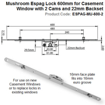 Mushroom Espag Lock 600mm Long for Casement Window with 2 Cams and 22mm Backset