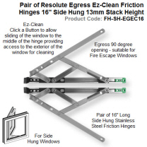 Pair of Resolute Egress Ez Clean Friction Hinges 16" Side Hung 13mm Stack Height