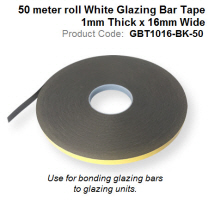 50 meter roll Black Glazing Bar Tape 1mm Thick x 16mm Wide GBT1016-BK-50