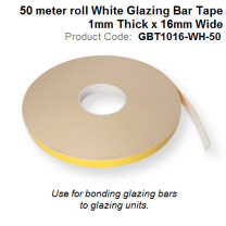 50 meter roll White Glazing Bar Tape 1mm Thick x 16mm Wide GBT1016-WH-50