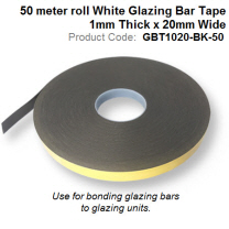 50 meter roll Black Glazing Bar Tape 1mm Thick x 20mm Wide GBT1020-BK-50