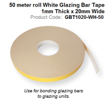 50 meter roll White Glazing Bar Tape 1mm Thick x 20mm Wide GBT1020-WH-50
