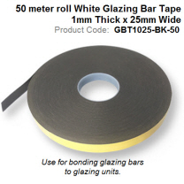 50 meter roll Black Glazing Bar Tape 1mm Thick x 25mm Wide GBT1025-BK-50