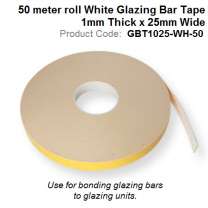 50 meter roll White Glazing Bar Tape 1mm Thick x 25mm Wide GBT1025-WH-50